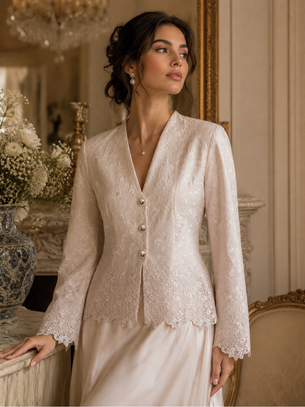 Vintage Ursula Elegant Ivory Lace-Trim Jacket with Pearl Buttons Size 8